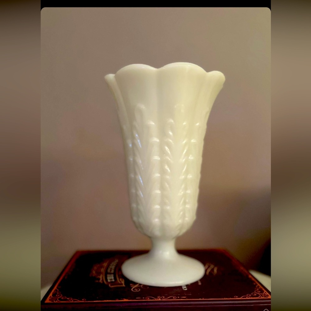 Vintage EO Brody milk glass wheat design pedestal vase
